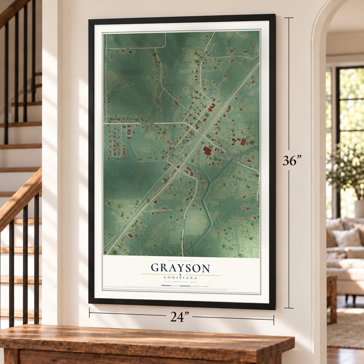 Grayson, Louisiana map, 24 x 36 inch print in a black frame by a staircase