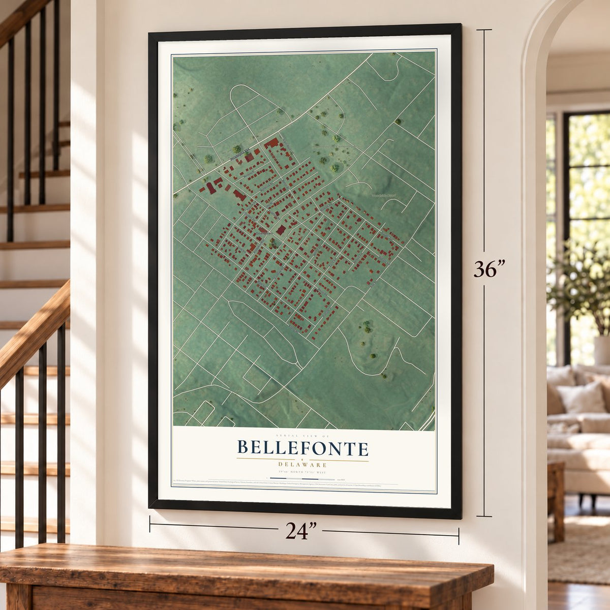 Bellefonte, Delaware map, 24 x 36 inch print in a black frame by a staircase