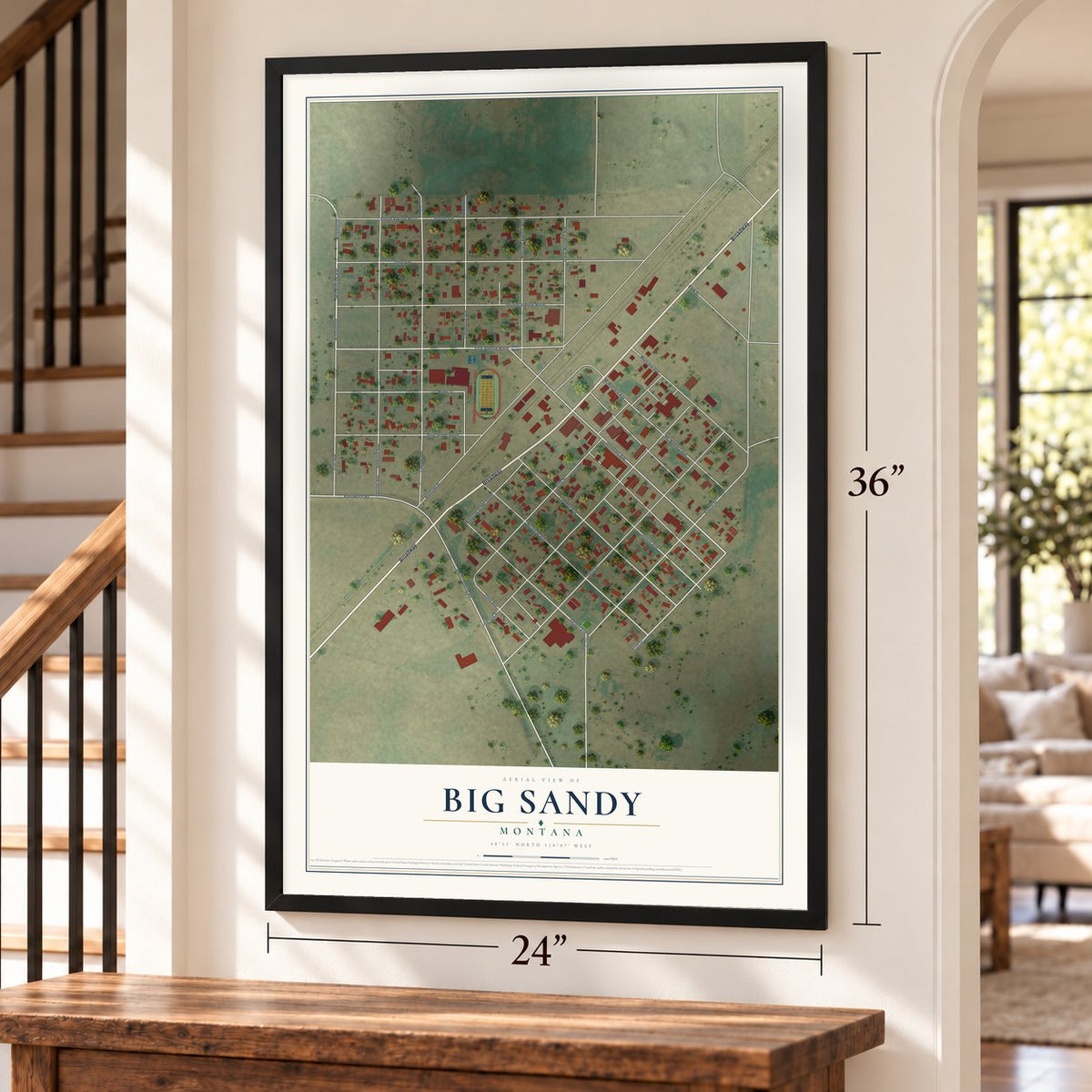 Big Sandy, Montana map, 24 x 36 inch print in a black frame by a staircase