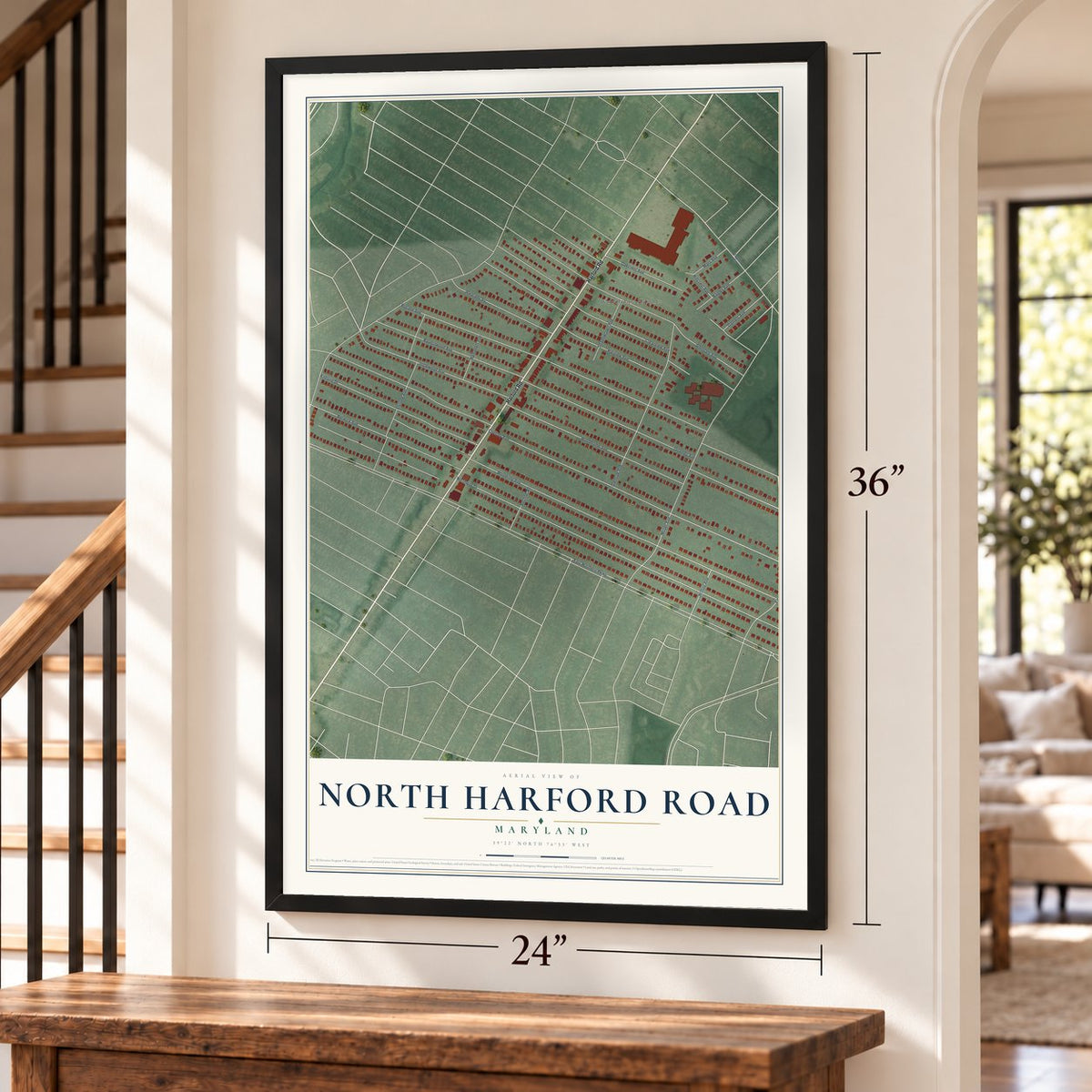 North Harford Road, Maryland map, 24 x 36 inch print in a black frame by a staircase