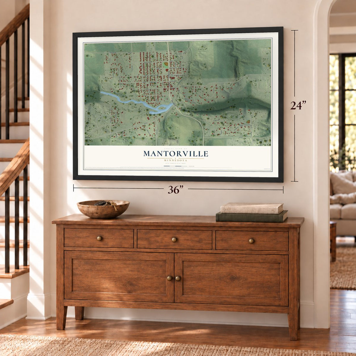Mantorville, Minnesota map, 24 x 36 inch print in a black frame above a dresser by a staircase