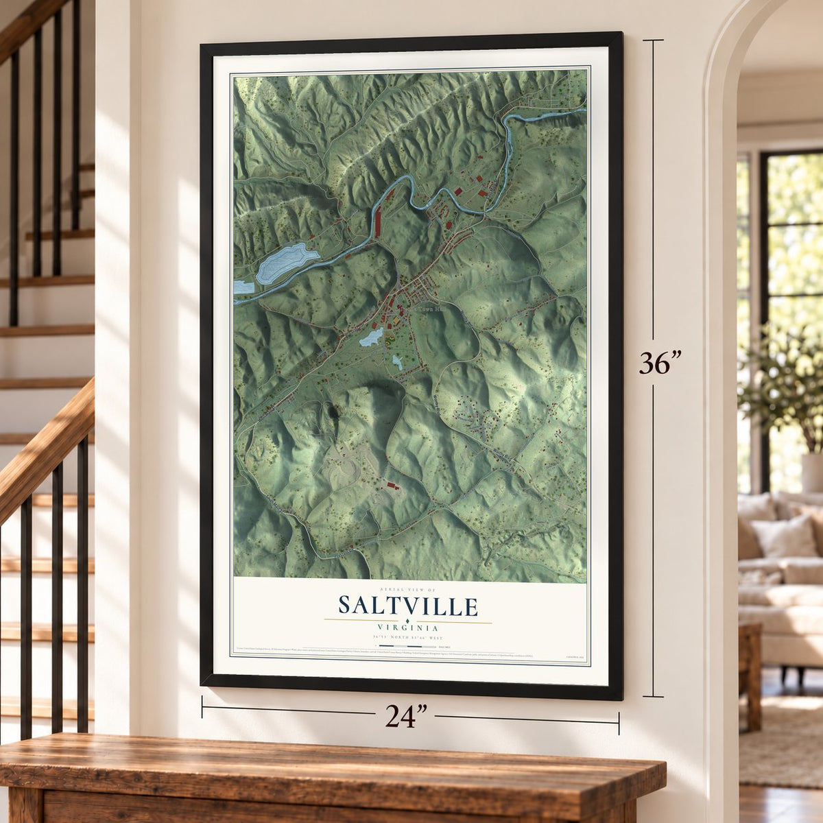 Saltville, Virginia map, 24 x 36 inch print in a black frame by a staircase