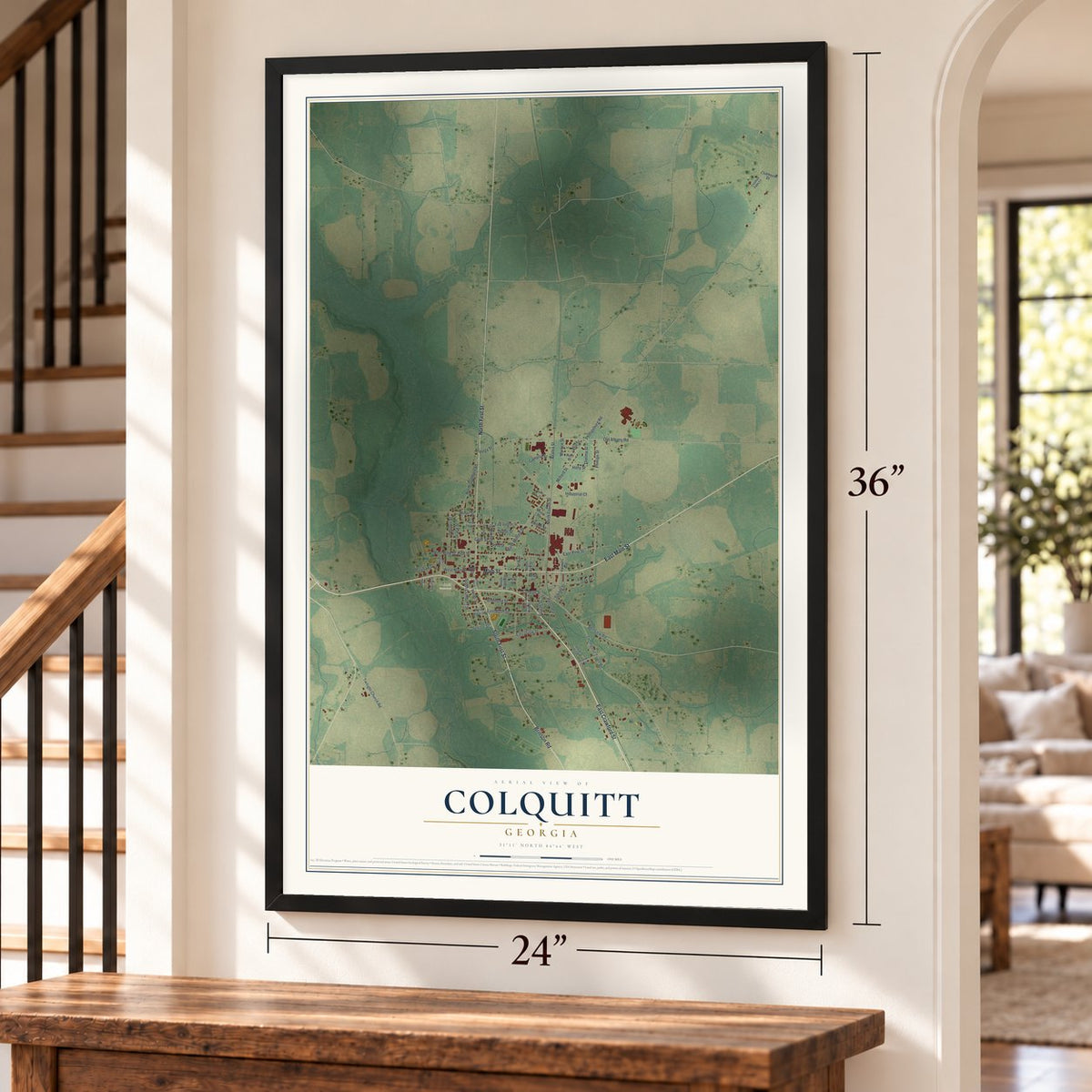 Colquitt, Georgia map, 24 x 36 inch print in a black frame by a staircase
