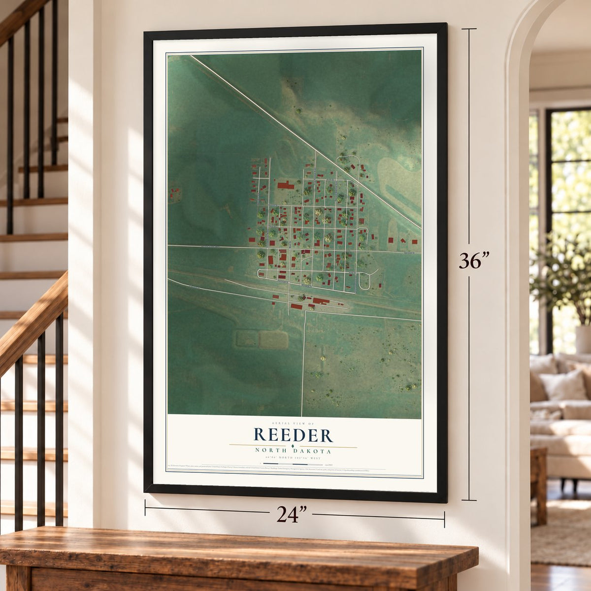 Reeder, North Dakota map, 24 x 36 inch print in a black frame by a staircase