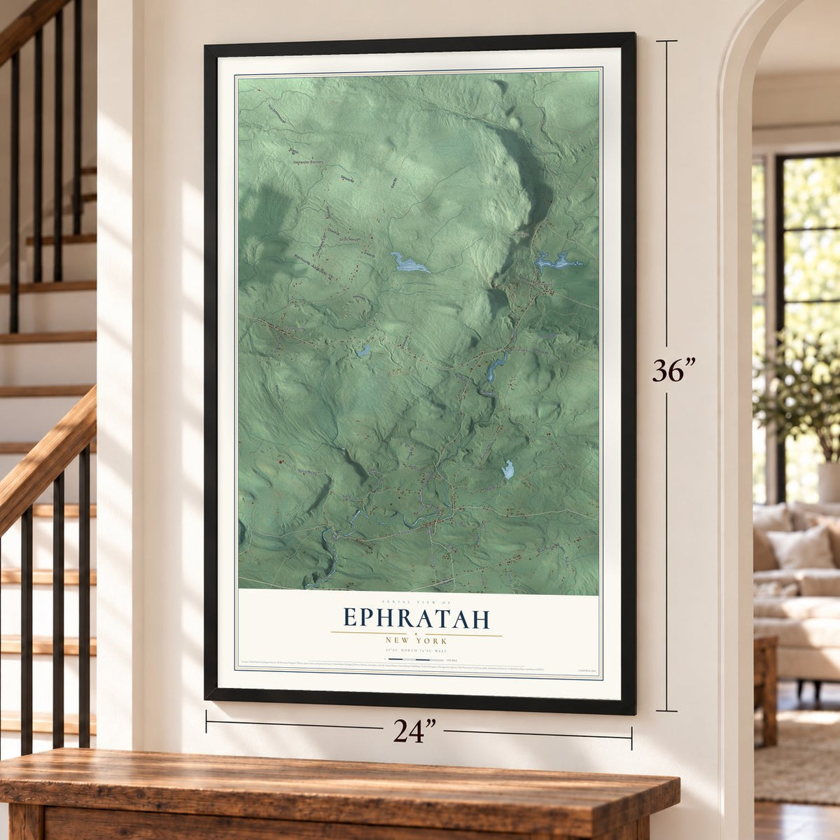 Ephratah, New York map, 24 x 36 inch print in a black frame by a staircase