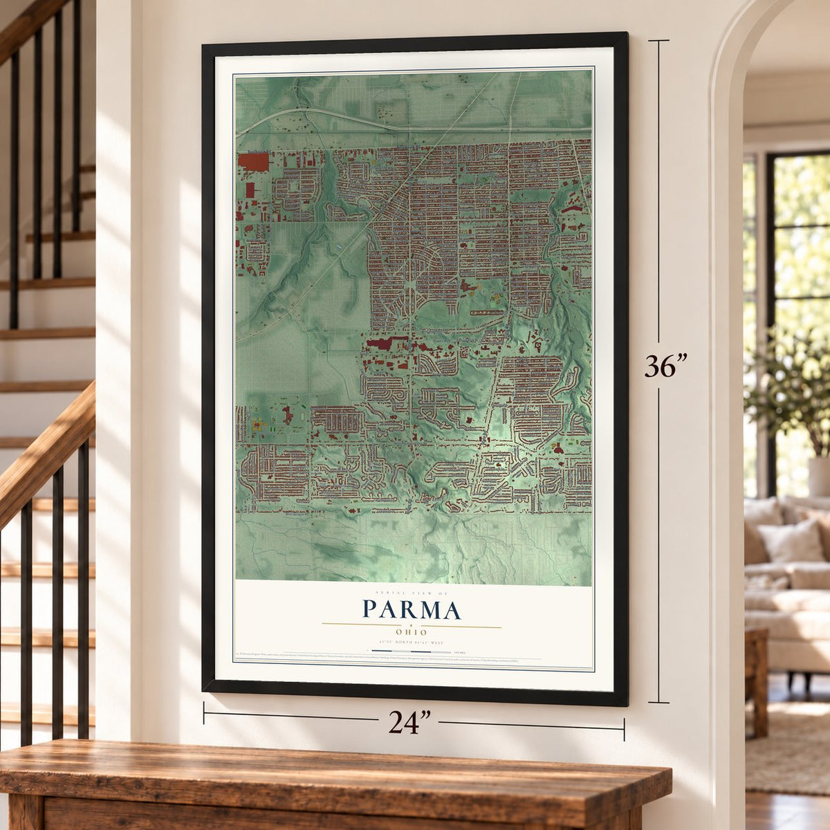 Parma, Ohio map, 24 x 36 inch print in a black frame by a staircase