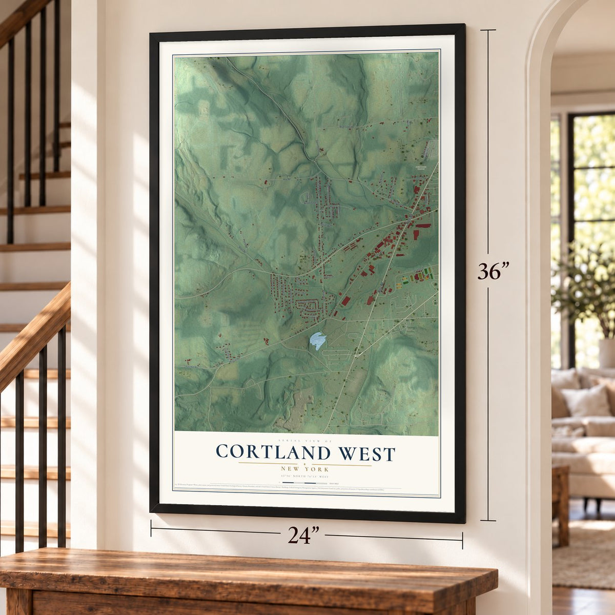 Cortland West, New York map, 24 x 36 inch print in a black frame by a staircase