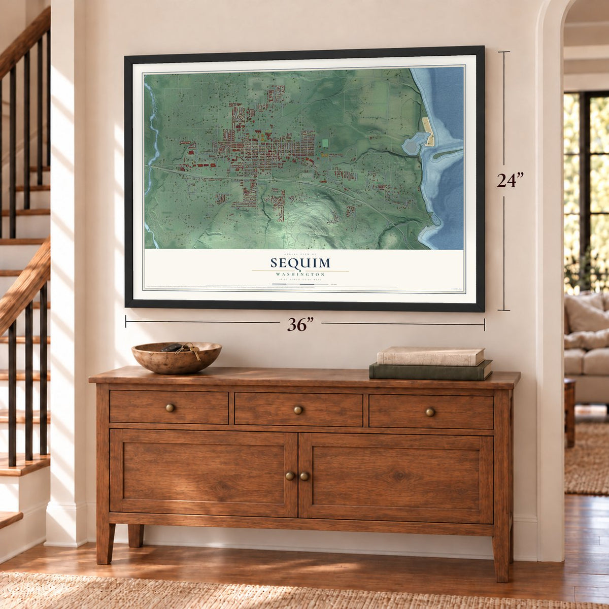 Sequim, Washington map, 24 x 36 inch print in a black frame above a dresser by a staircase