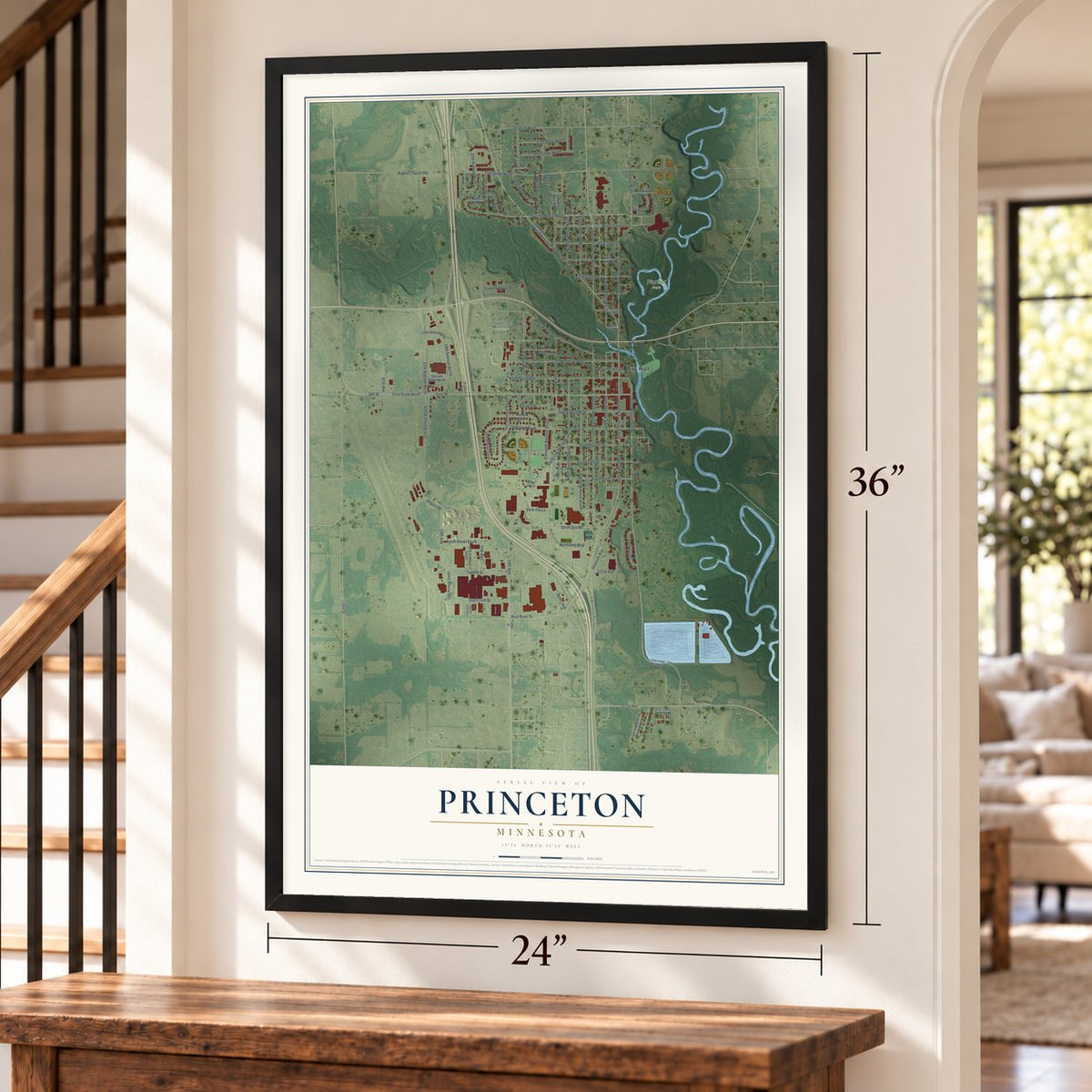 Princeton, Minnesota map, 24 x 36 inch print in a black frame by a staircase