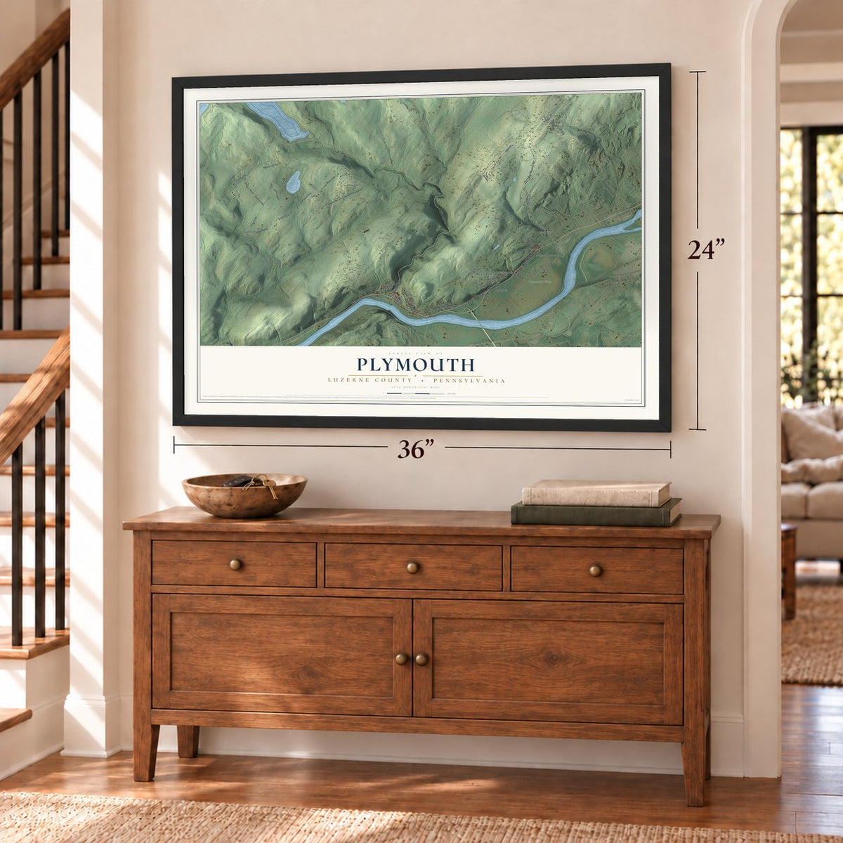 Plymouth, Luzerne County, Pennsylvania map, 24 x 36 inch print in a black frame above a dresser by a staircase