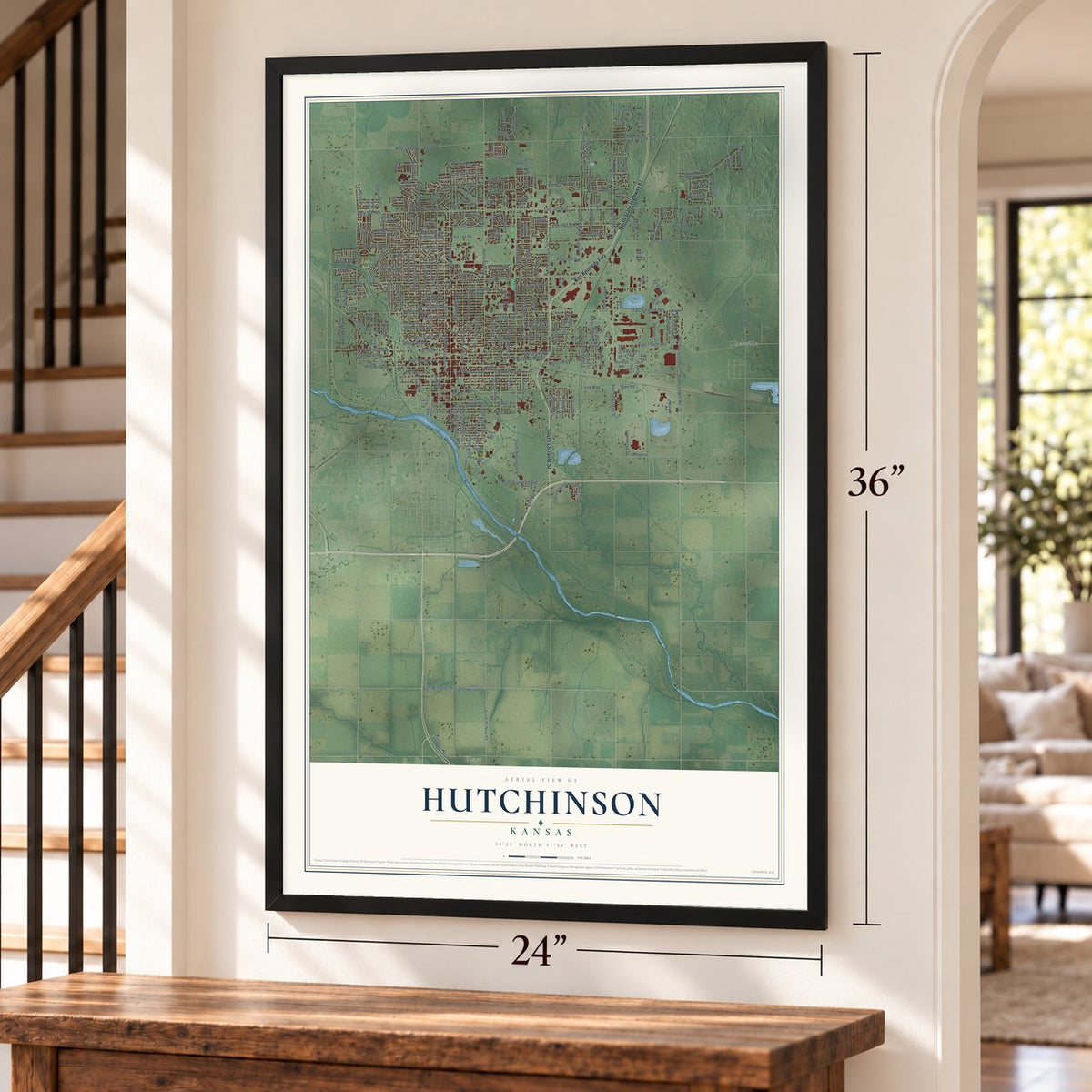 Hutchinson, Kansas map, 24 x 36 inch print in a black frame by a staircase