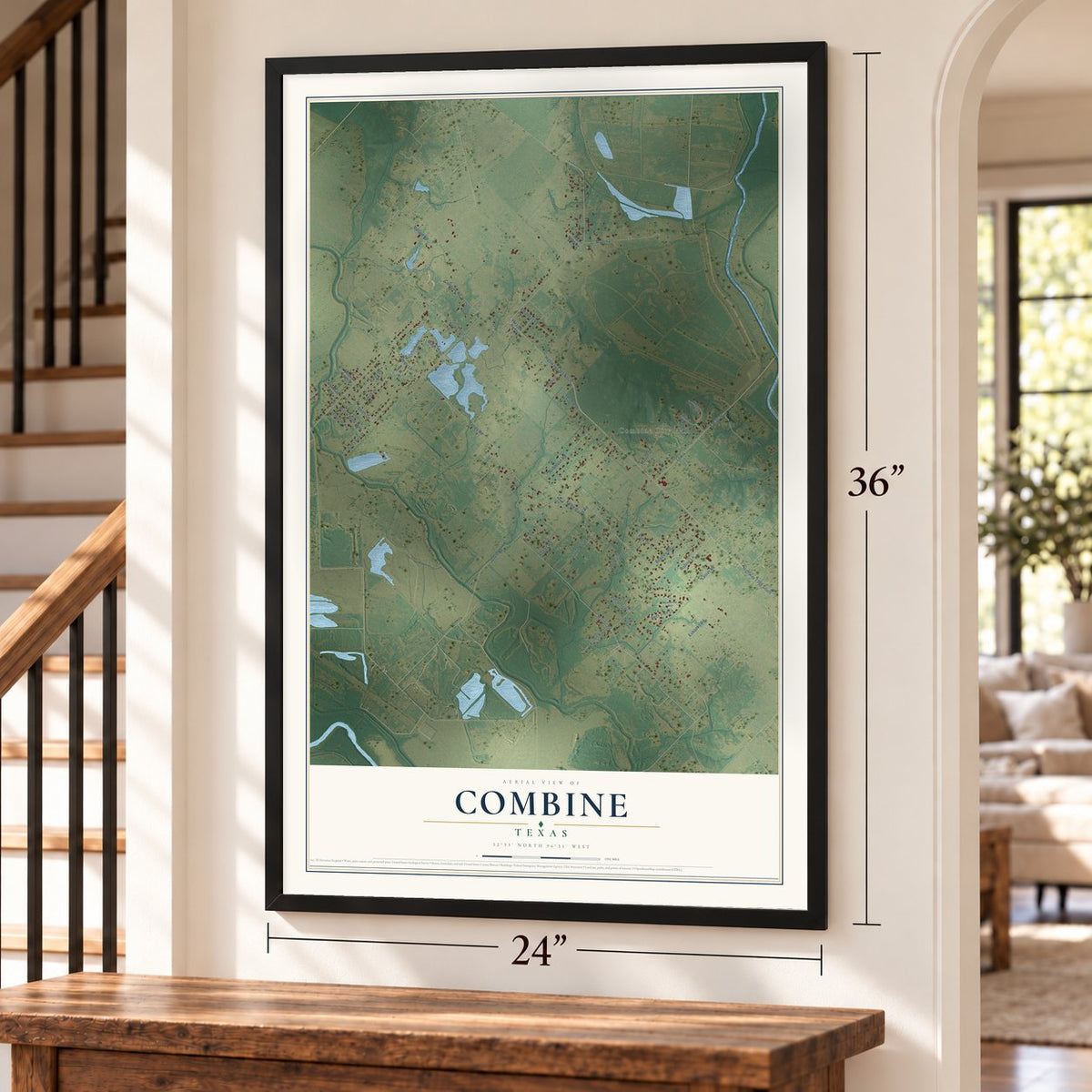 Combine, Texas map, 24 x 36 inch print in a black frame by a staircase