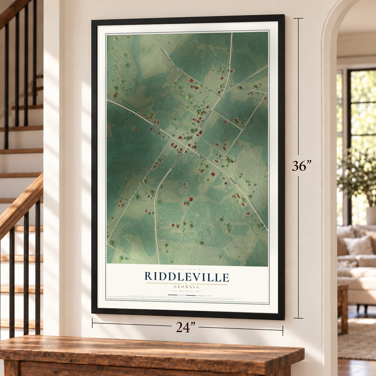 Riddleville, Georgia map, 24 x 36 inch print in a black frame by a staircase
