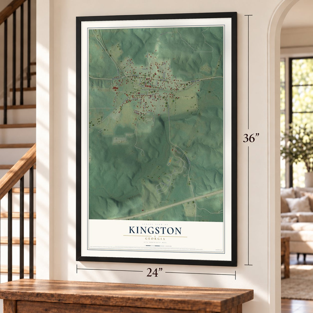 Kingston, Georgia map, 24 x 36 inch print in a black frame by a staircase
