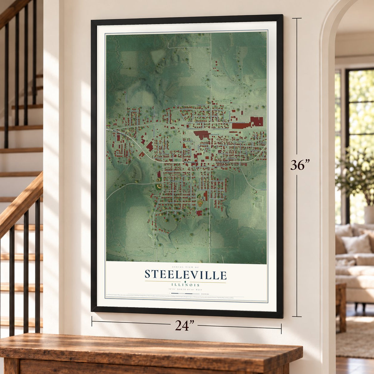 Steeleville, Illinois map, 24 x 36 inch print in a black frame by a staircase