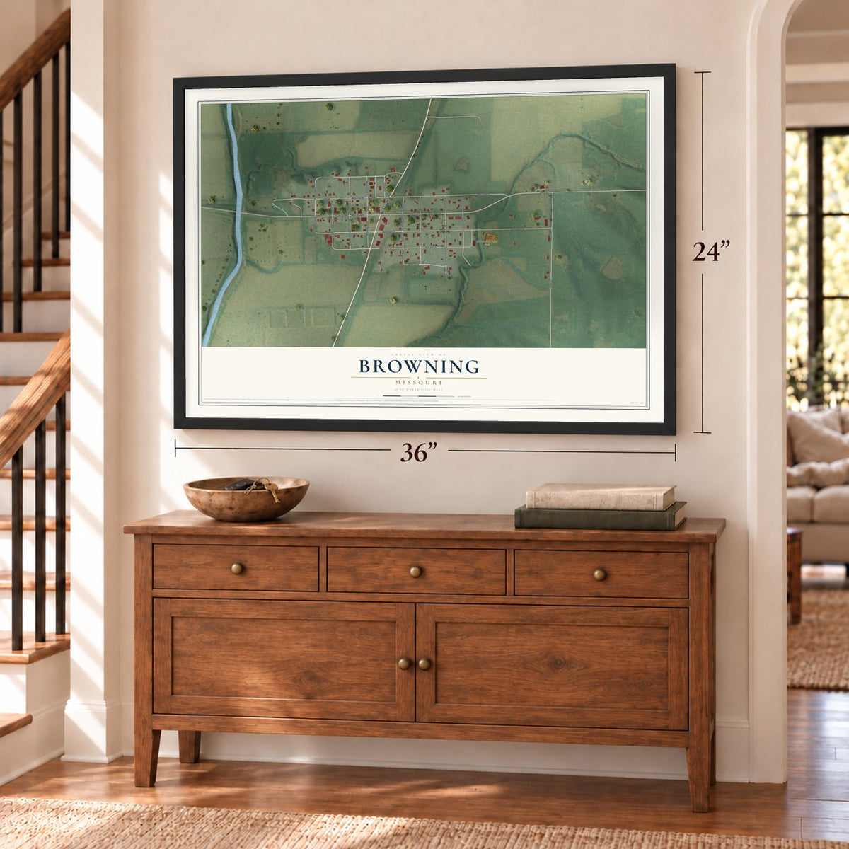 Browning, Missouri map, 24 x 36 inch print in a black frame above a dresser by a staircase