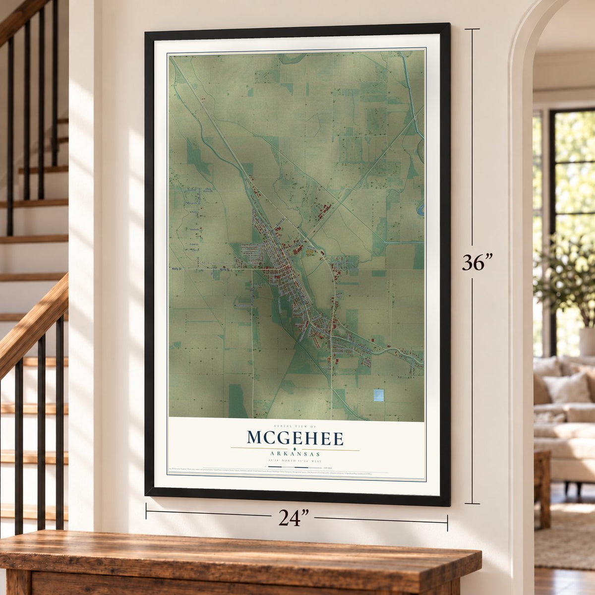 McGehee, Arkansas map, 24 x 36 inch print in a black frame by a staircase