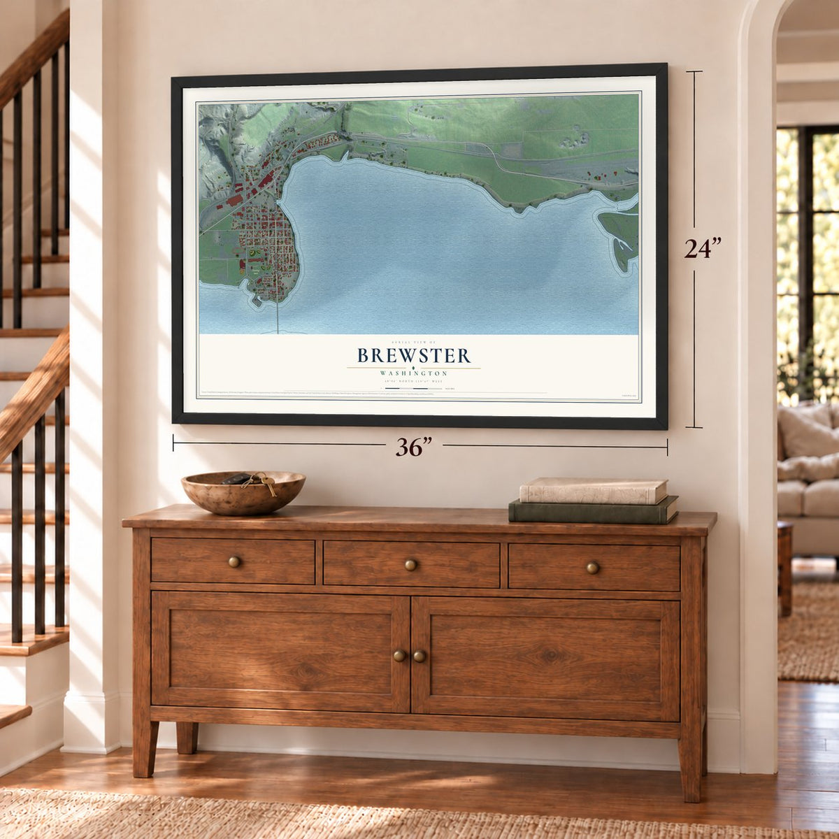 Brewster, Washington map, 24 x 36 inch print in a black frame above a dresser by a staircase