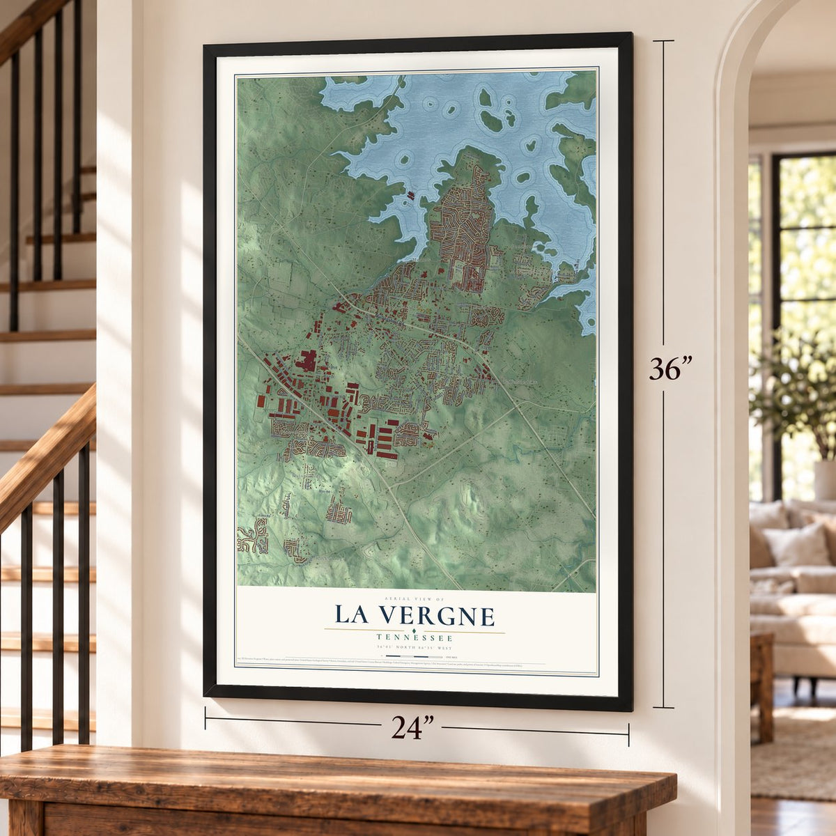 La Vergne, Tennessee map, 24 x 36 inch print in a black frame by a staircase