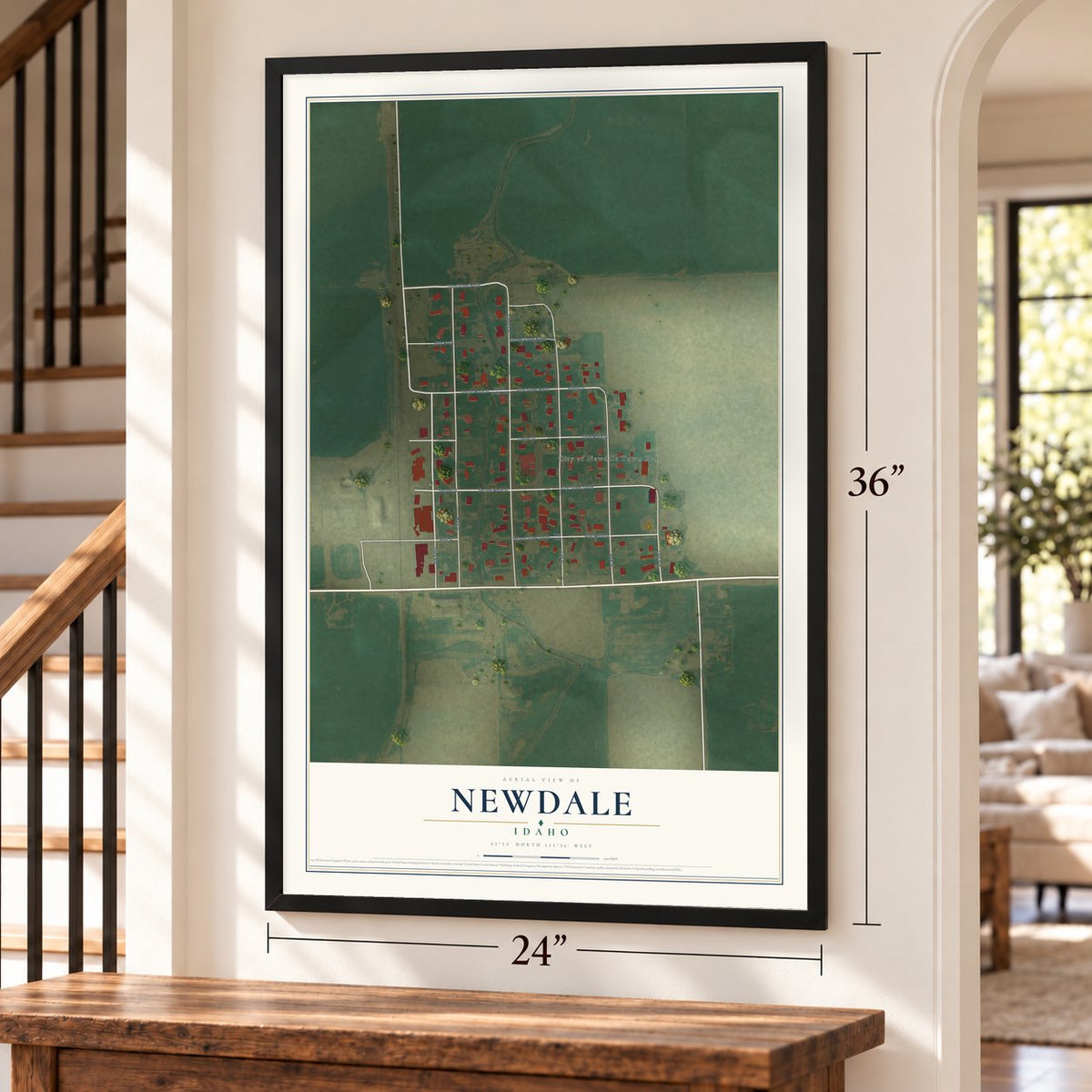 Newdale, Idaho map, 24 x 36 inch print in a black frame by a staircase