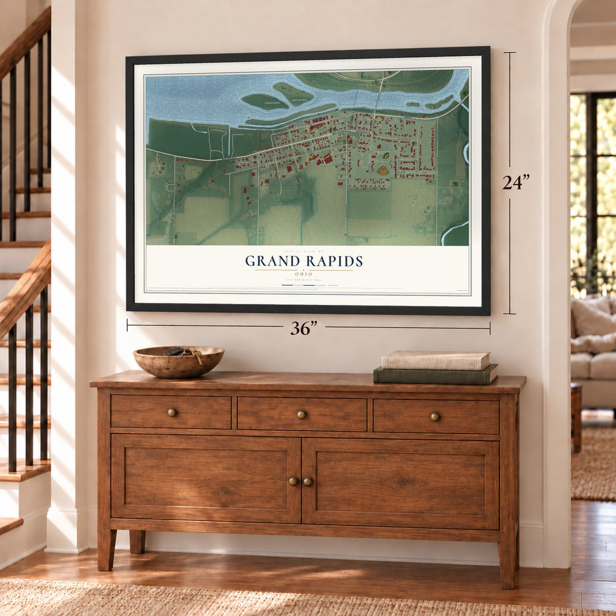 Grand Rapids, Ohio map, 24 x 36 inch print in a black frame above a dresser by a staircase