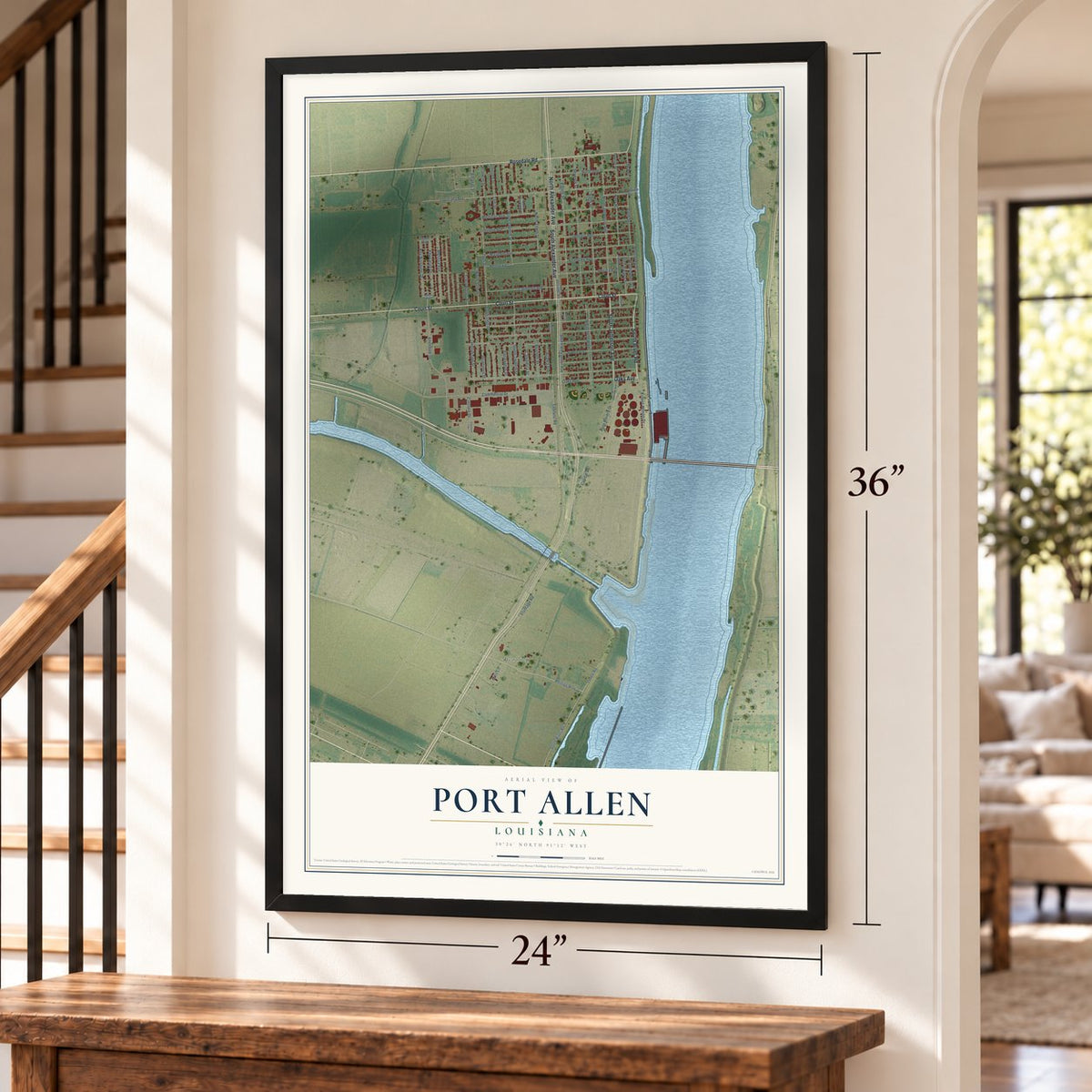 Port Allen, Louisiana map, 24 x 36 inch print in a black frame by a staircase