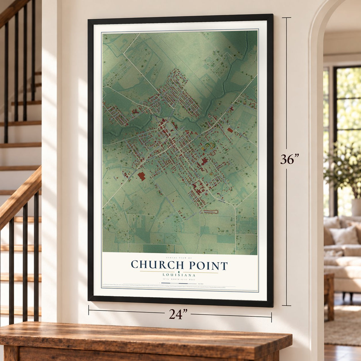 Church Point, Louisiana map, 24 x 36 inch print in a black frame by a staircase