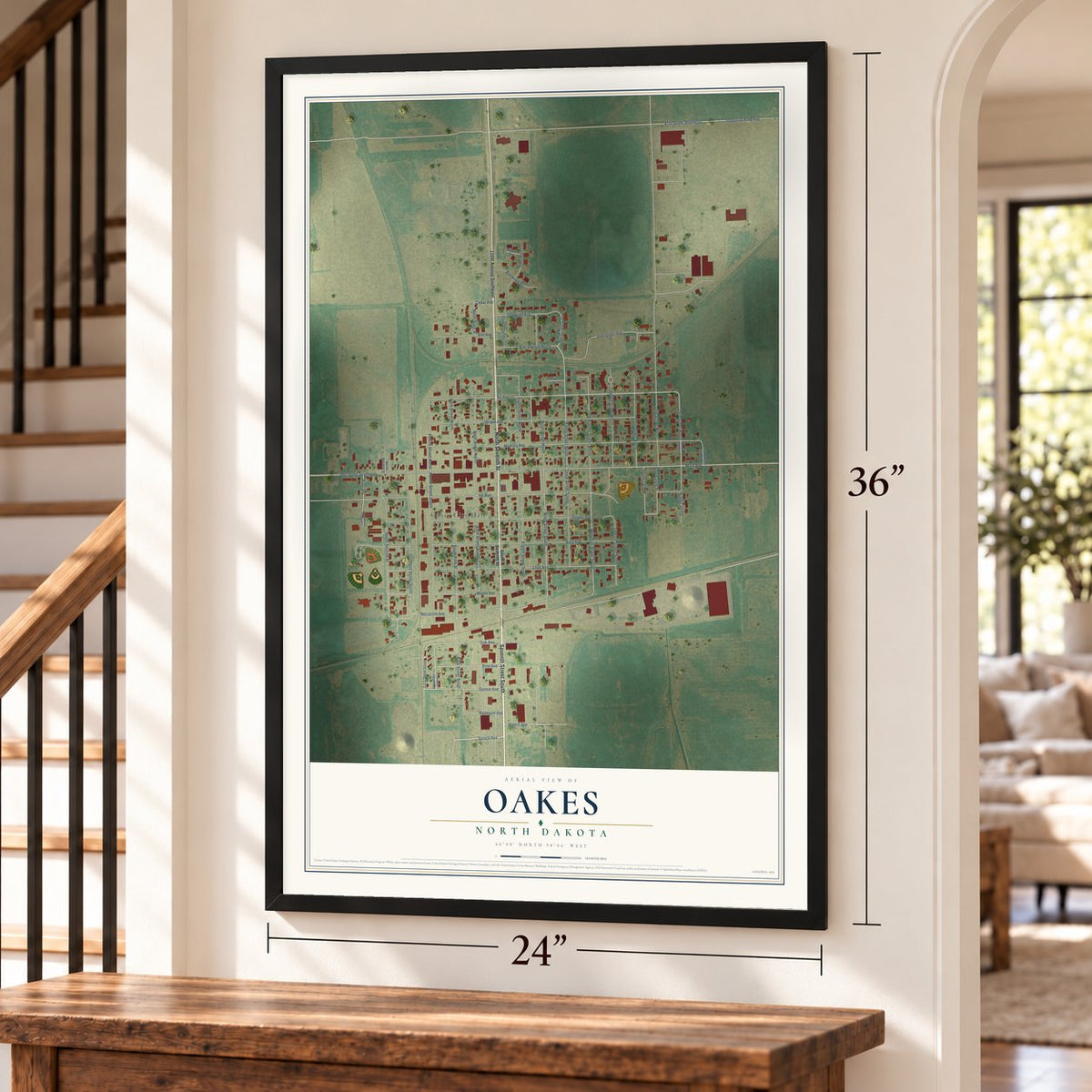 Oakes, North Dakota map, 24 x 36 inch print in a black frame by a staircase