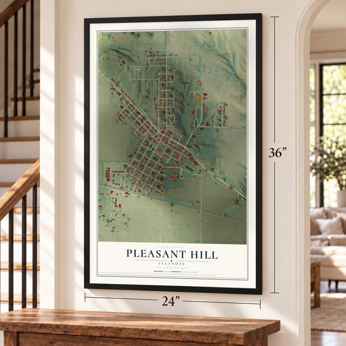 Pleasant Hill, Illinois map, 24 x 36 inch print in a black frame by a staircase