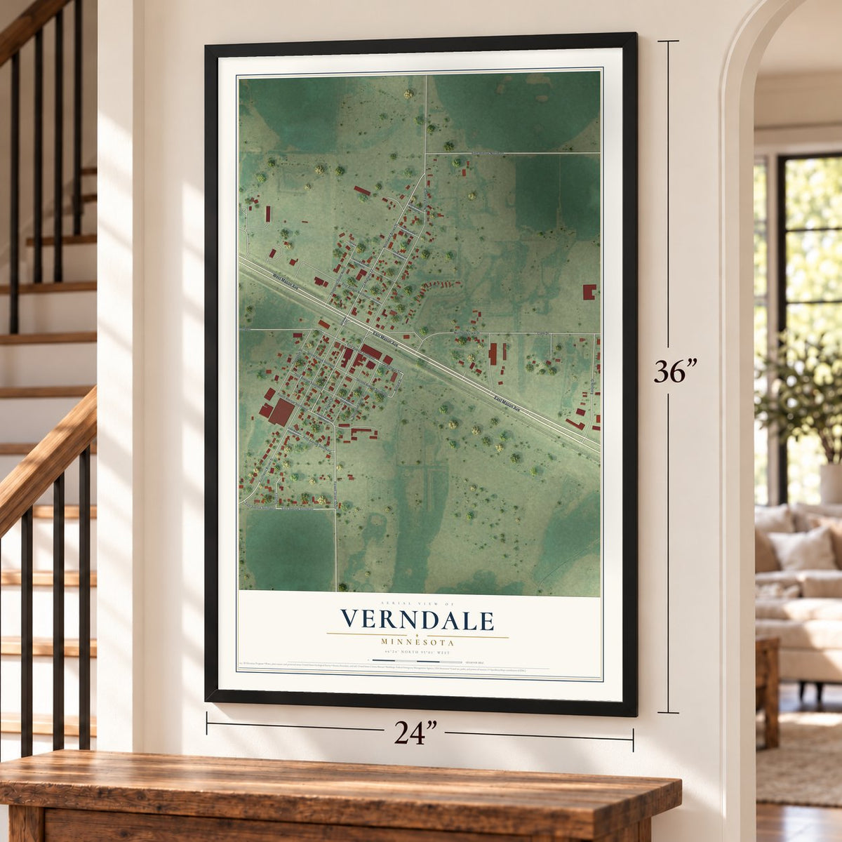 Verndale, Minnesota map, 24 x 36 inch print in a black frame by a staircase