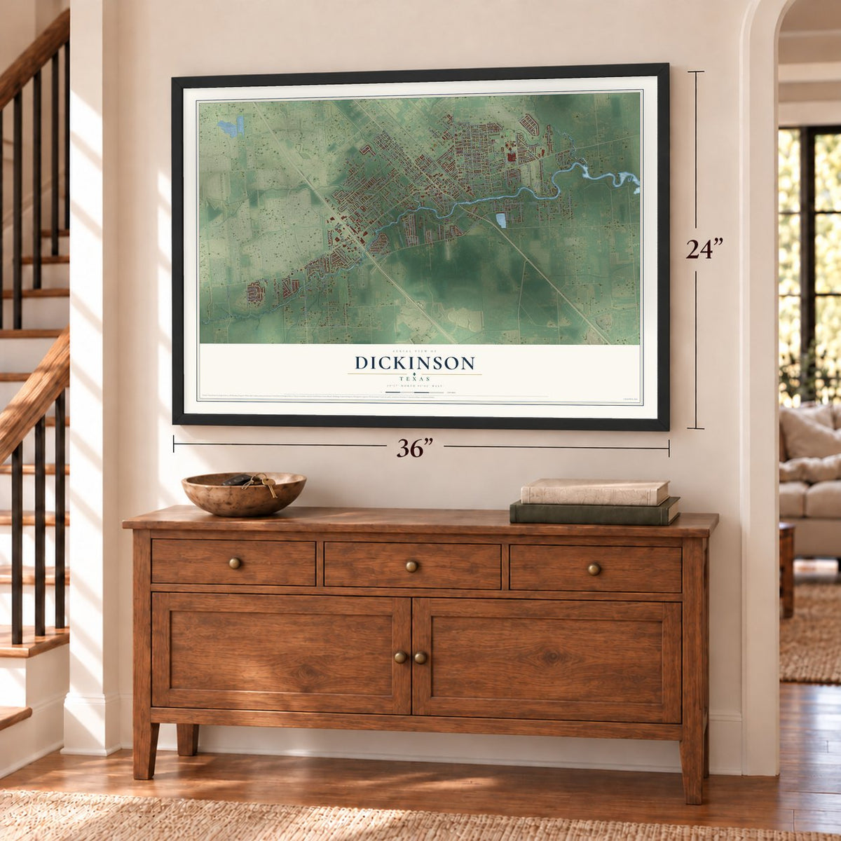 Dickinson, Texas map, 24 x 36 inch print in a black frame above a dresser by a staircase