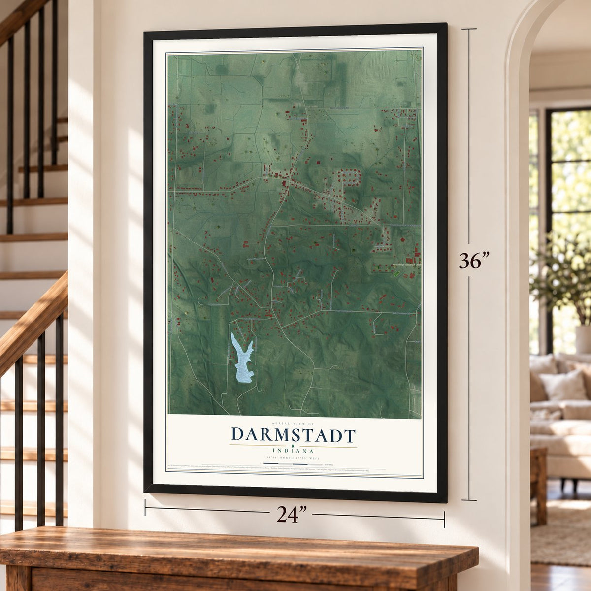 Darmstadt, Indiana map, 24 x 36 inch print in a black frame by a staircase