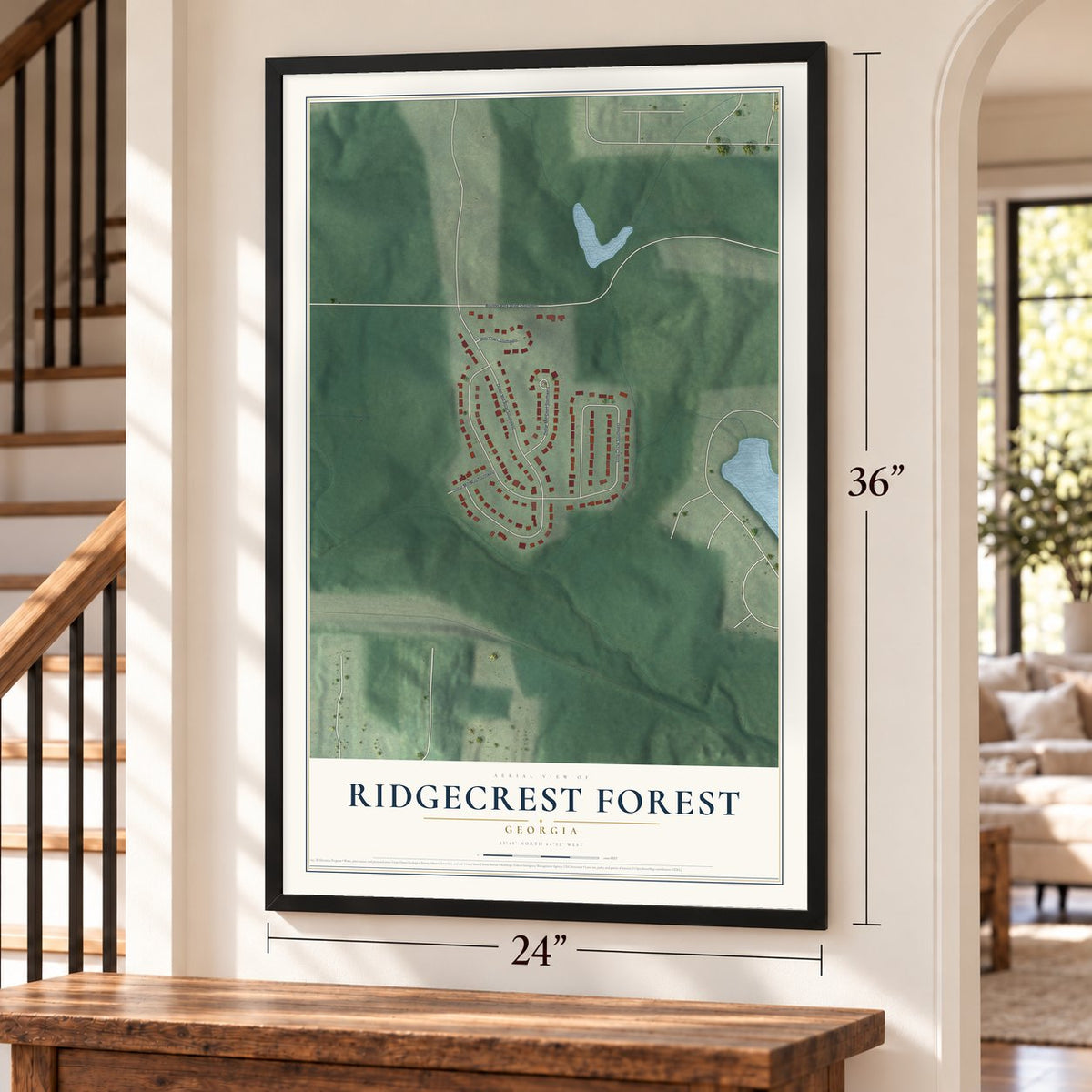 Ridgecrest Forest, Georgia map, 24 x 36 inch print in a black frame by a staircase
