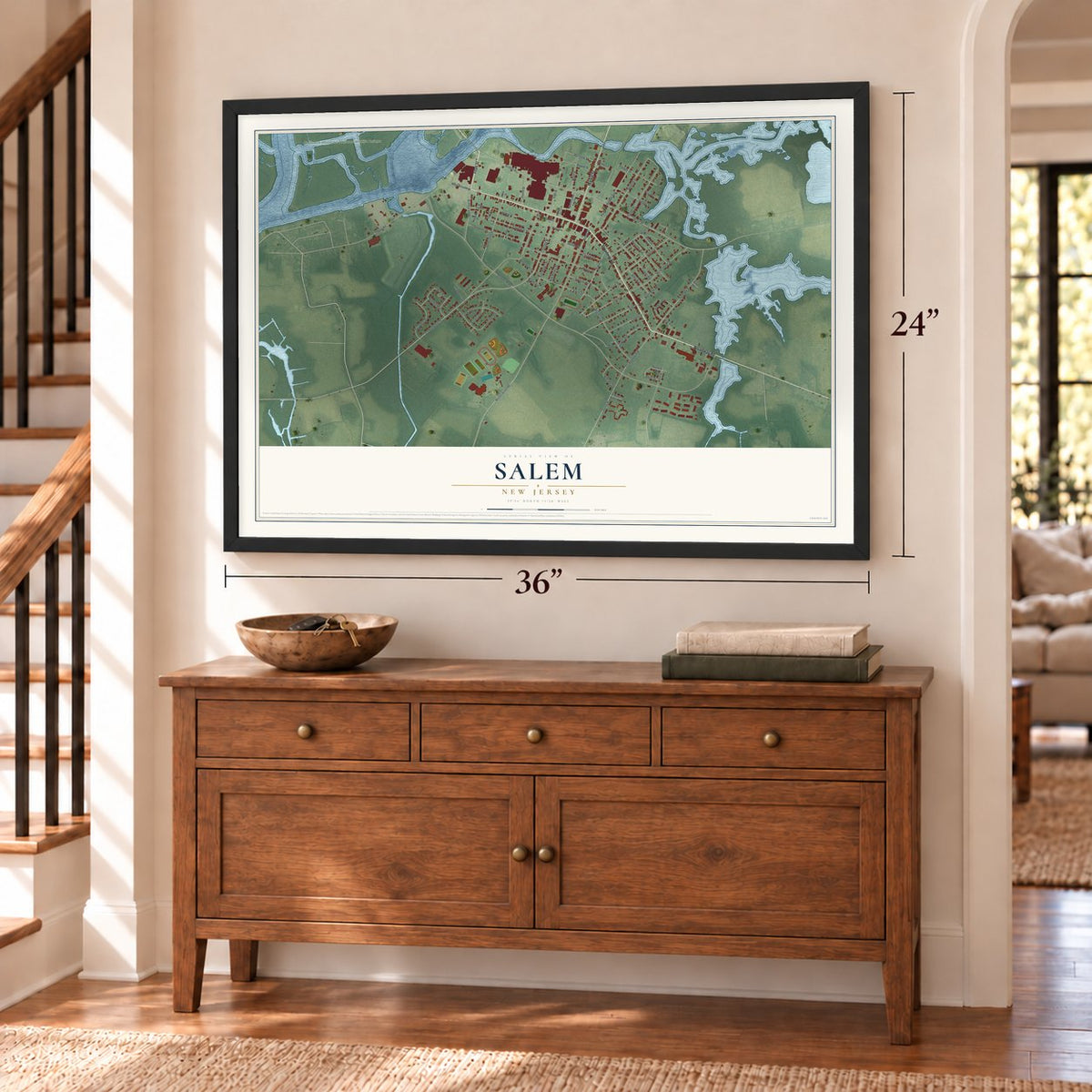Salem, New Jersey map, 24 x 36 inch print in a black frame above a dresser by a staircase