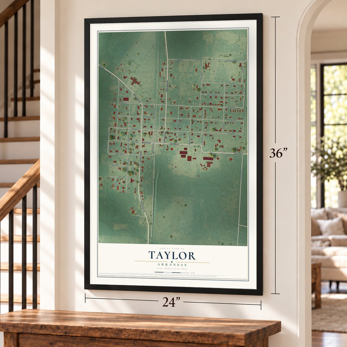 Taylor, Arkansas map, 24 x 36 inch print in a black frame by a staircase