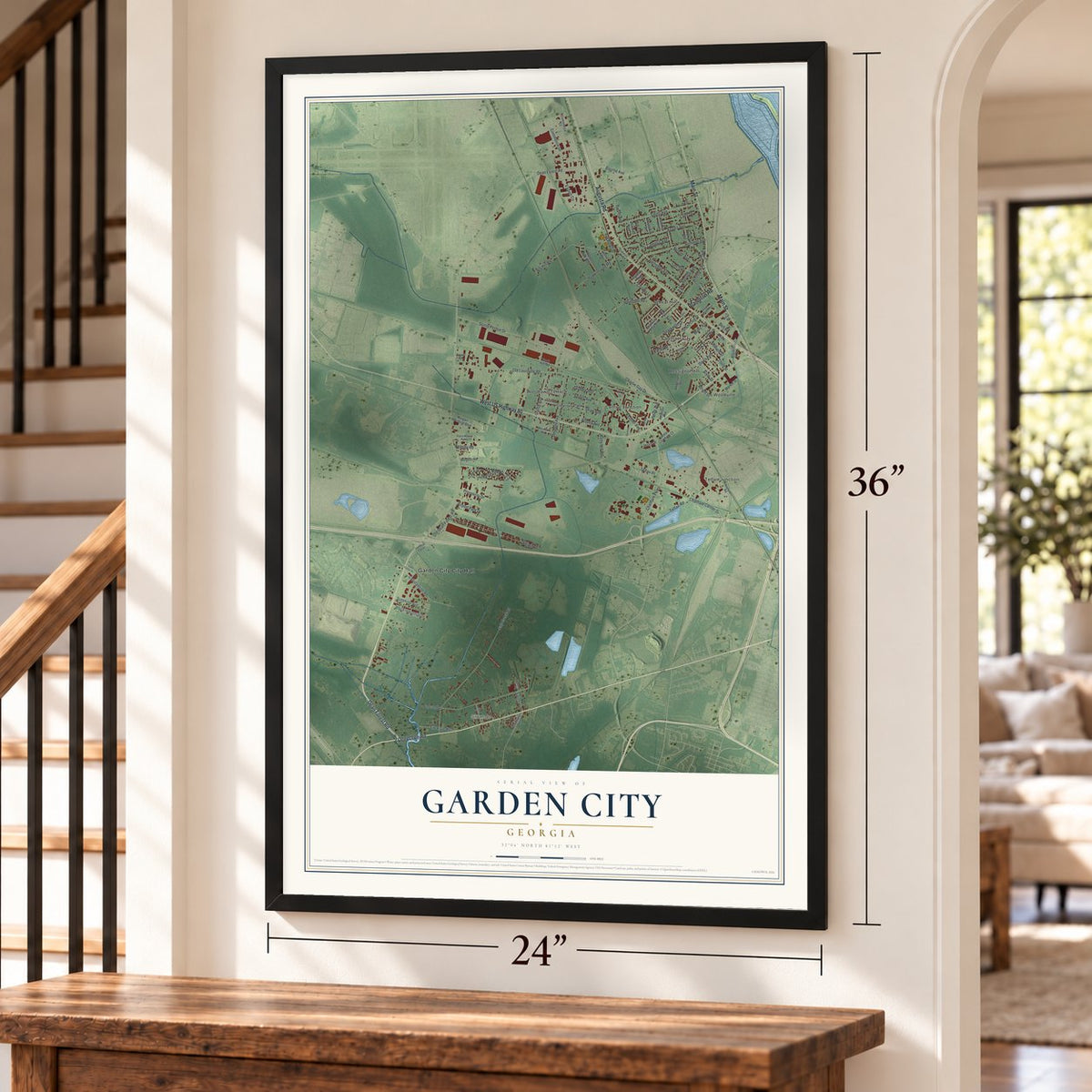Garden City, Georgia map, 24 x 36 inch print in a black frame by a staircase