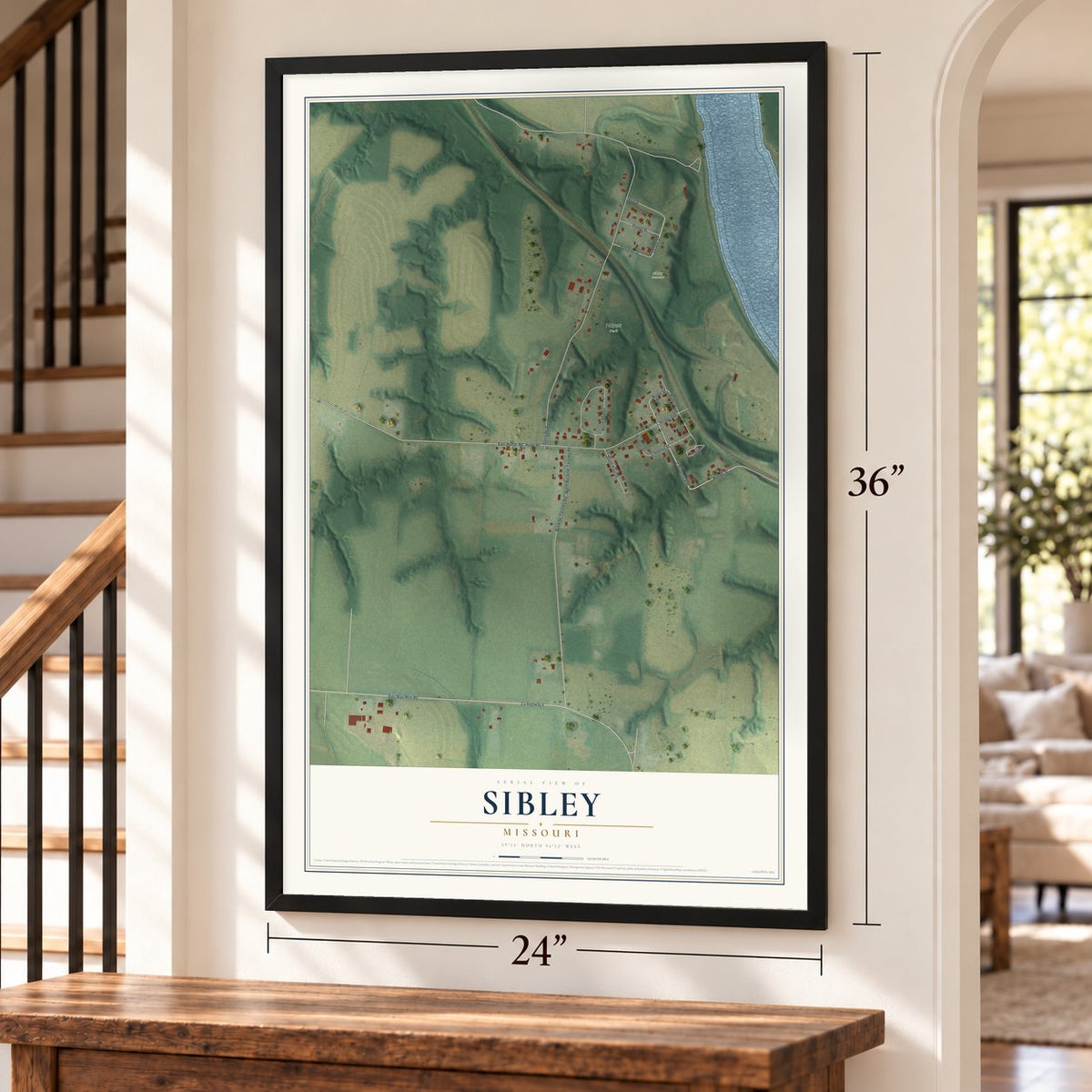 Sibley, Missouri map, 24 x 36 inch print in a black frame by a staircase