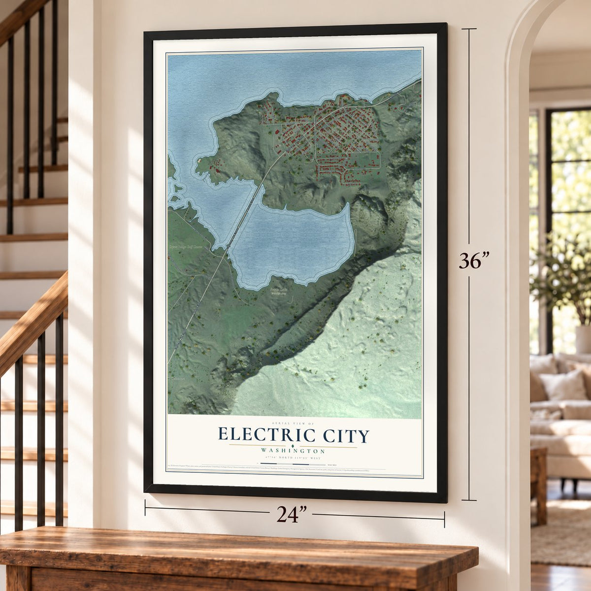 Electric City, Washington map, 24 x 36 inch print in a black frame by a staircase