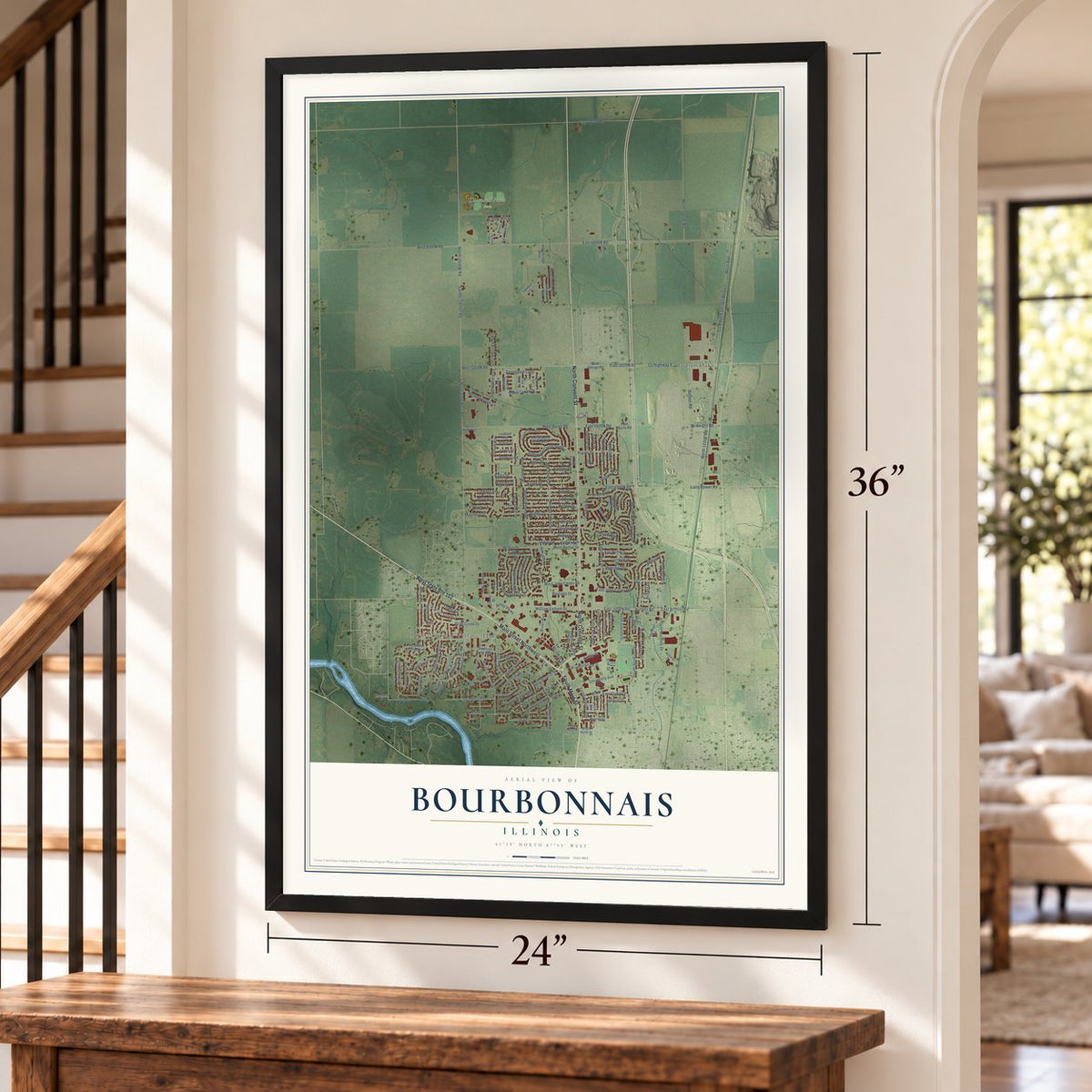 Bourbonnais, Illinois map, 24 x 36 inch print in a black frame by a staircase