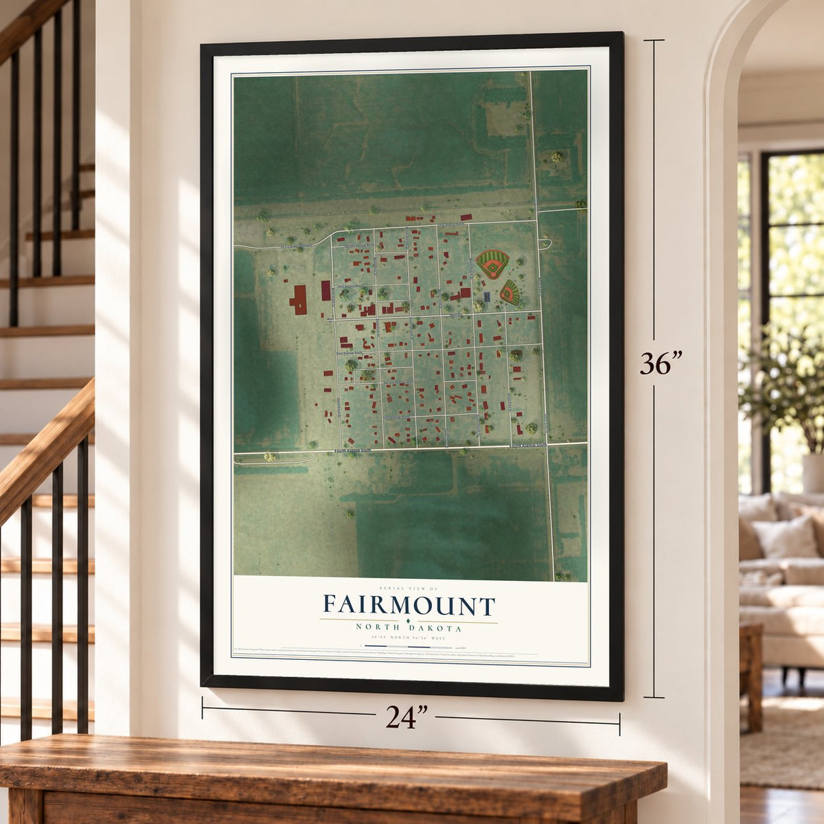 Fairmount, North Dakota map, 24 x 36 inch print in a black frame by a staircase