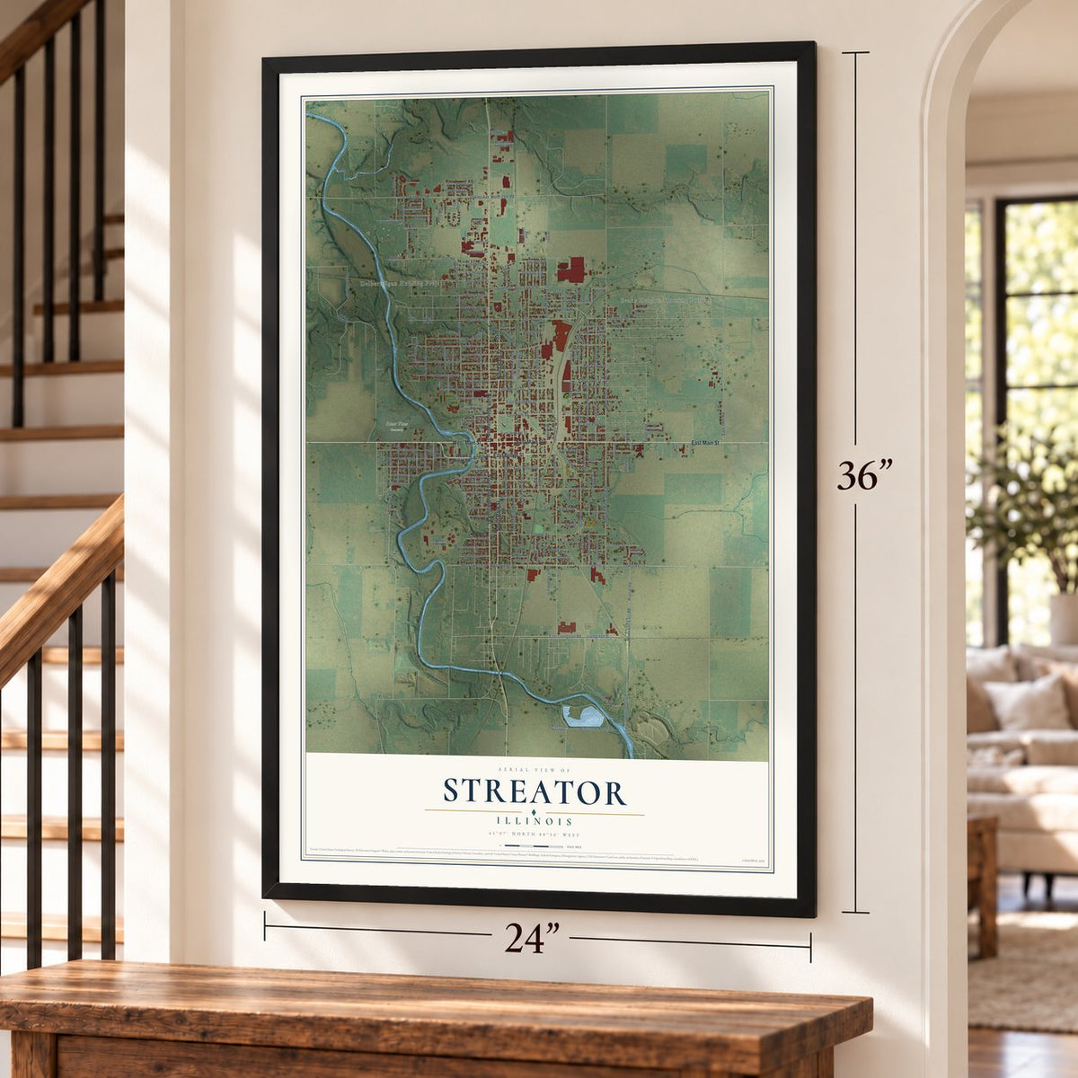 Streator, Illinois map, 24 x 36 inch print in a black frame by a staircase