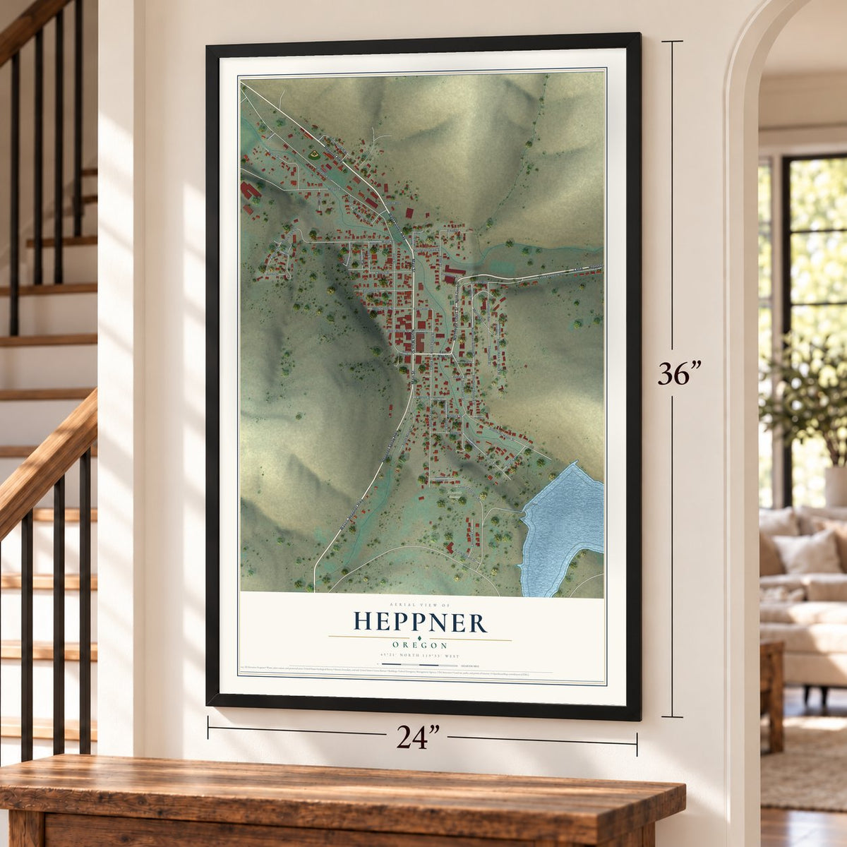 Heppner, Oregon map, 24 x 36 inch print in a black frame by a staircase