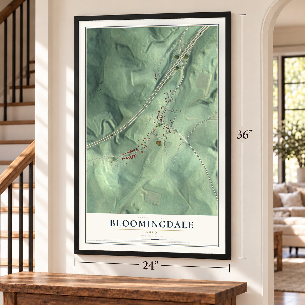 Bloomingdale, Ohio map, 24 x 36 inch print in a black frame by a staircase