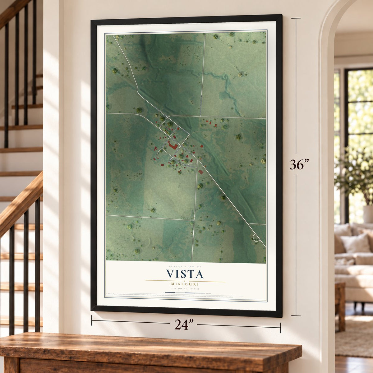 Vista, Missouri map, 24 x 36 inch print in a black frame by a staircase