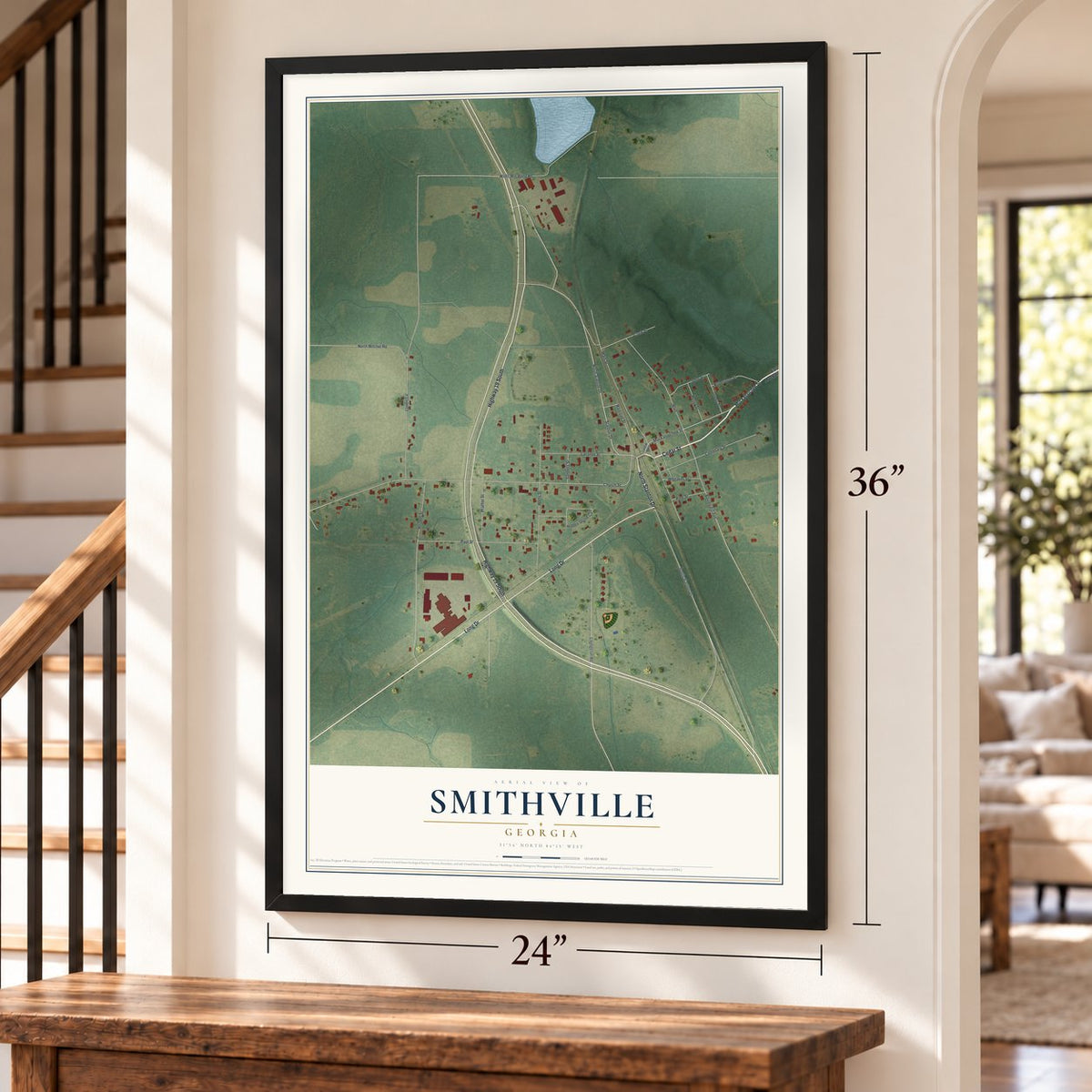Smithville, Georgia map, 24 x 36 inch print in a black frame by a staircase