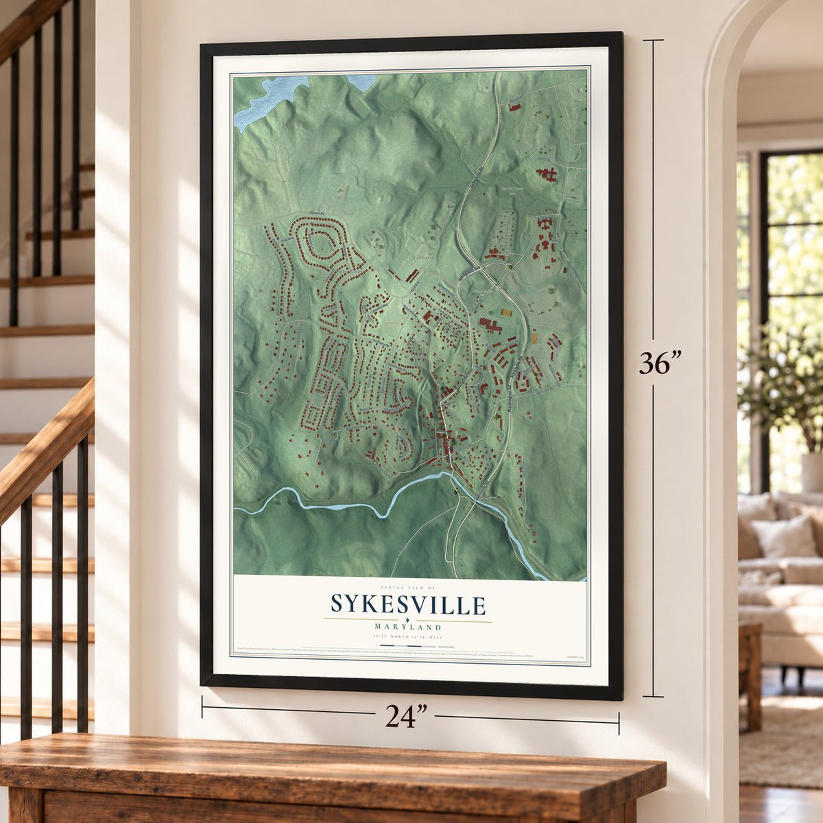 Sykesville, Maryland map, 24 x 36 inch print in a black frame by a staircase
