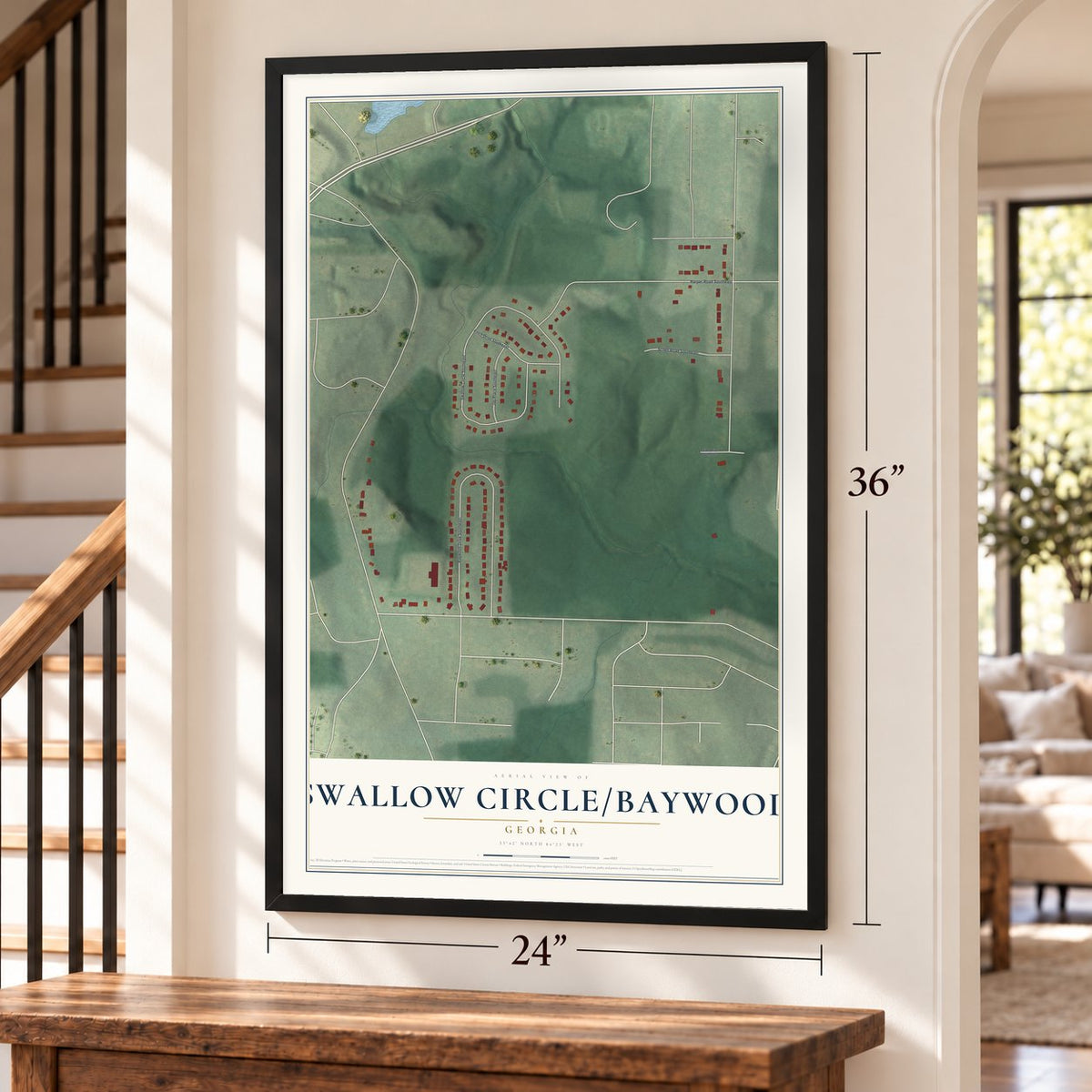 Swallow Circle-Baywood, Georgia map, 24 x 36 inch print in a black frame by a staircase