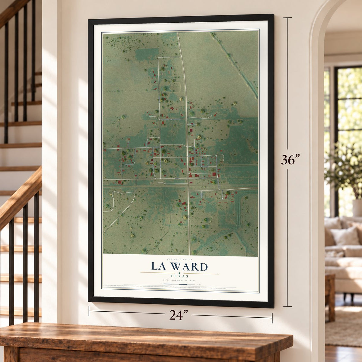 La Ward, Texas map, 24 x 36 inch print in a black frame by a staircase