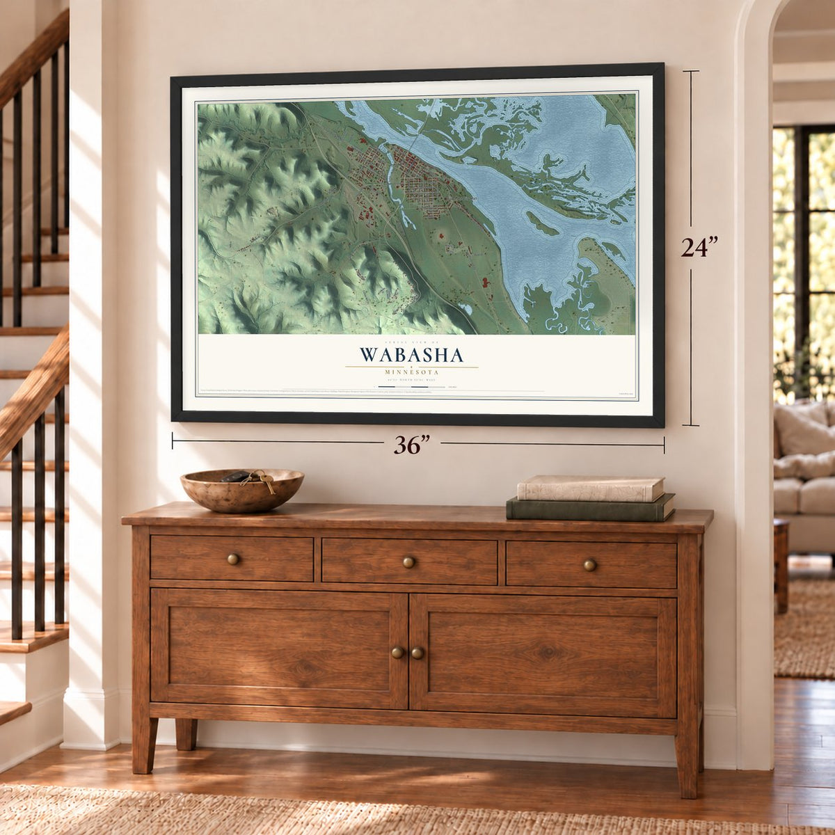 Wabasha, Minnesota map, 24 x 36 inch print in a black frame above a dresser by a staircase