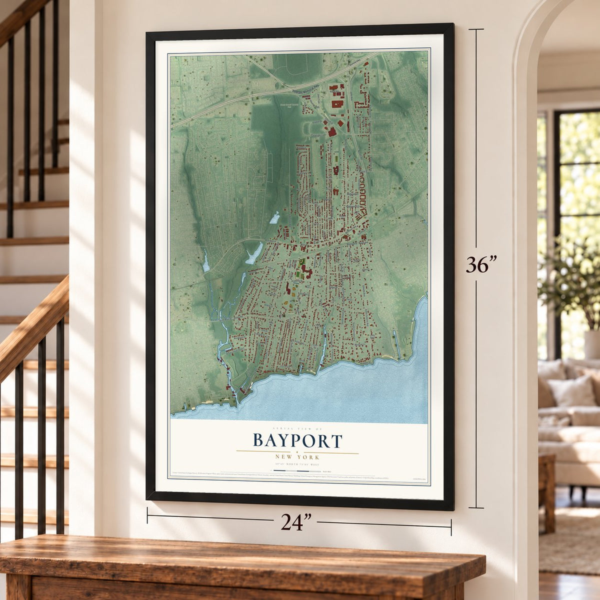 Bayport, New York map, 24 x 36 inch print in a black frame by a staircase